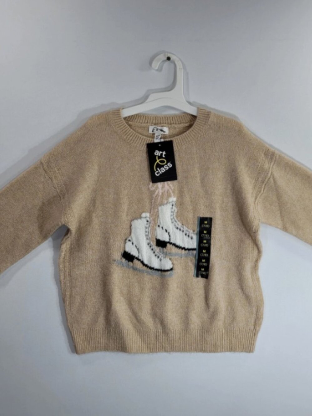 Art Class Girls Ice Skate Graphic Knit Sweater Hampton Beige Size M 7/8 NWT